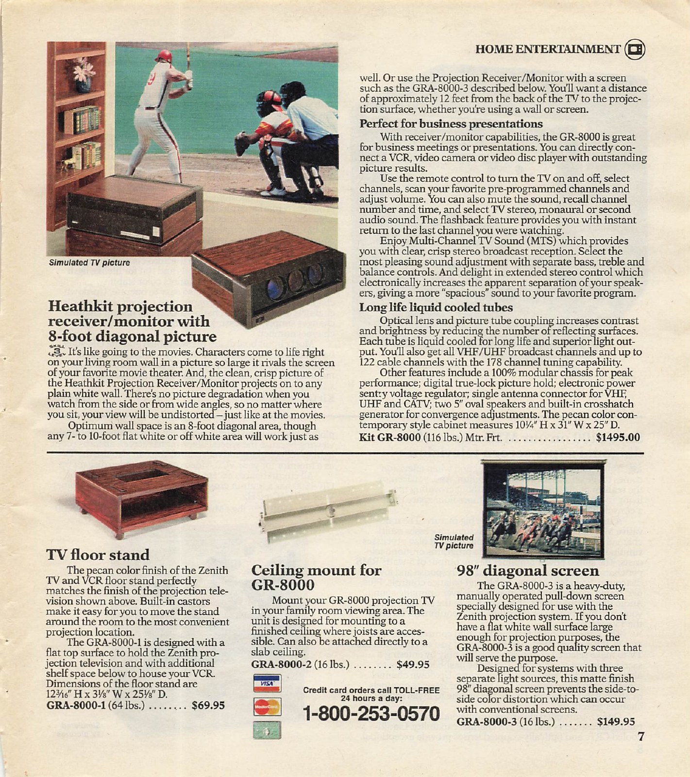 Figure 14 — "Heathkit projection receiver/monitor with 8-foot diagonal picture": the GR-8000 at $1,495 in Spring 1990, with its floor stand, ceiling mount and 98-inch screen. The 1988 catalogue called the same…