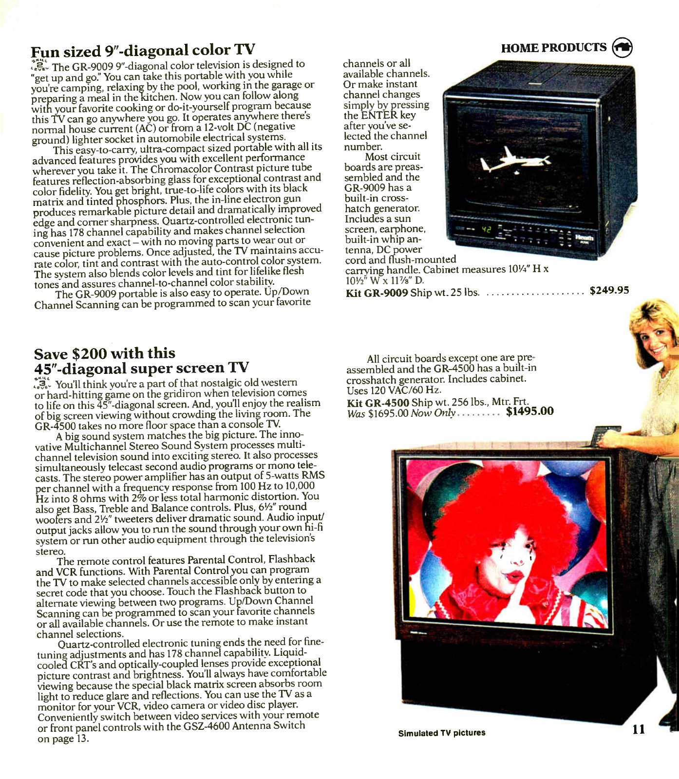 Figure 12 — "Fun sized 9-inch-diagonal color TV" and "Save $200 with this 45-inch-diagonal super screen TV": the GR-9009 at $249.95 and the GR-4500, reduced to $1,495, in Christmas 1987.