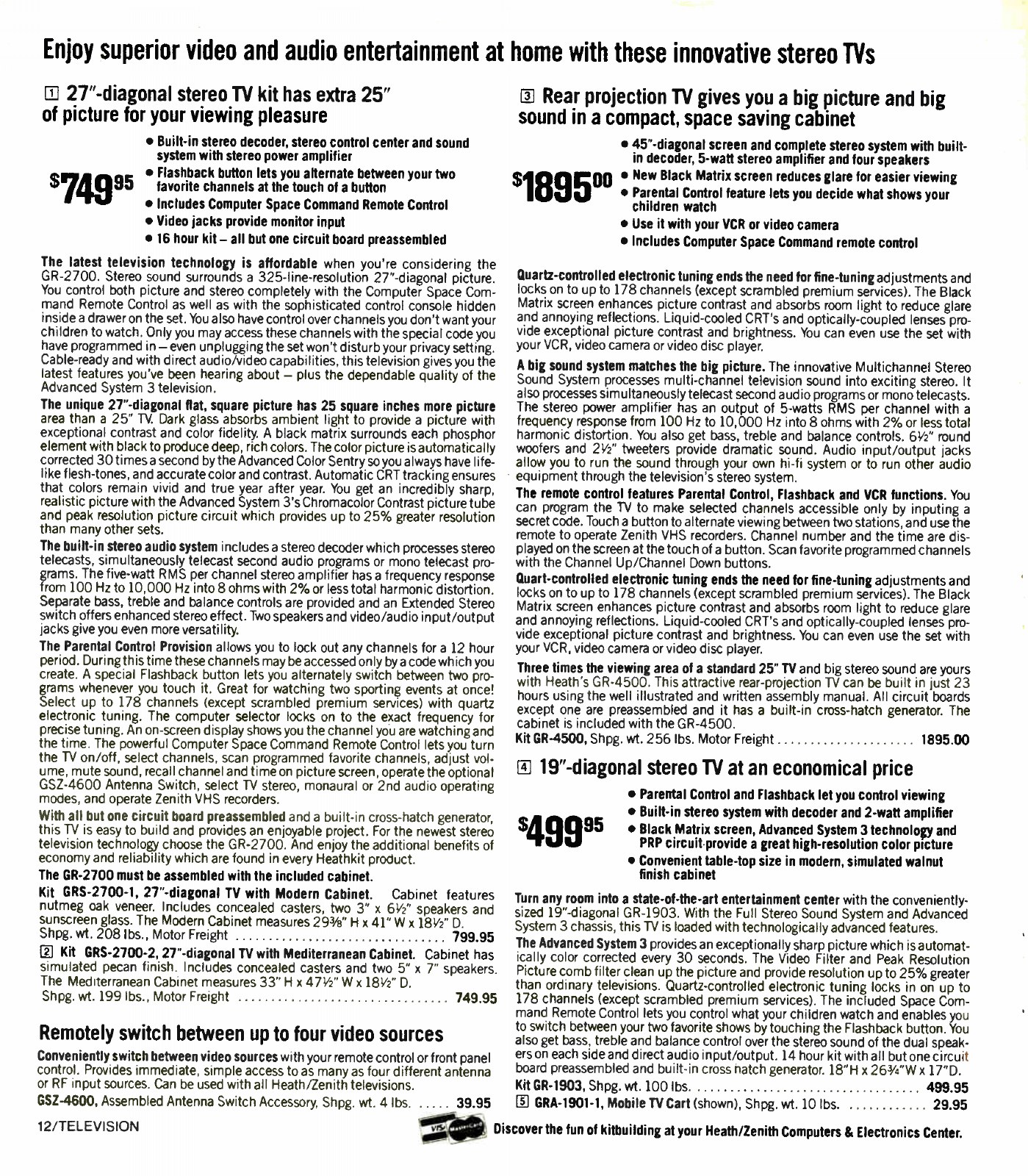 Figure 11 — "Enjoy superior video and audio entertainment at home with these innovative stereo TVs": the 27-inch GR-2700, the 45-inch GR-4500 rear-projection set and the 19-inch GR-1903, Spring–Summer 1986. Ea…