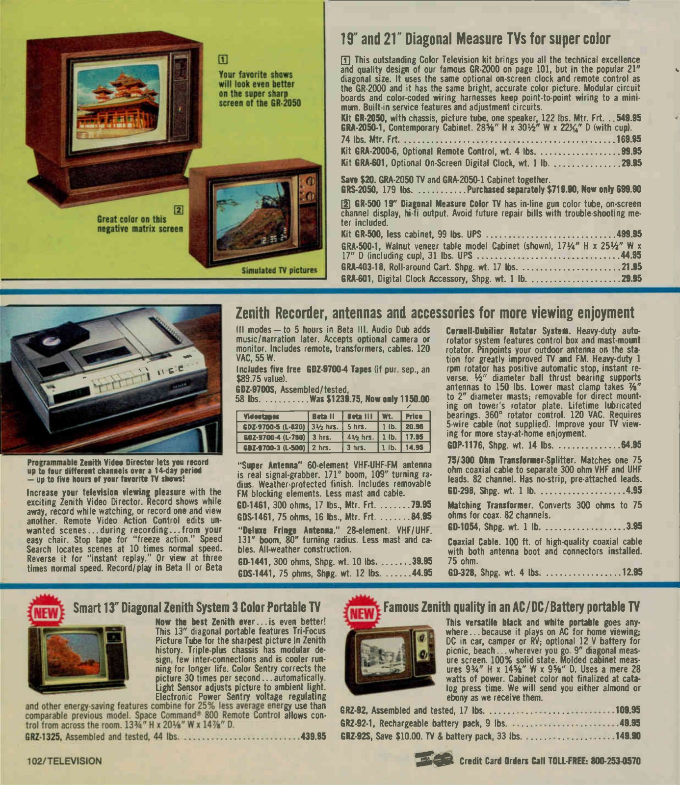 Figure 3 — Christmas 1980: the 21-inch GR-2050 and 19-inch GR-500 kits at the top of the page, and at the bottom the first assembled Zenith sets sold by Heath: the GRZ-1325 System 3 colour portable and the GR…
