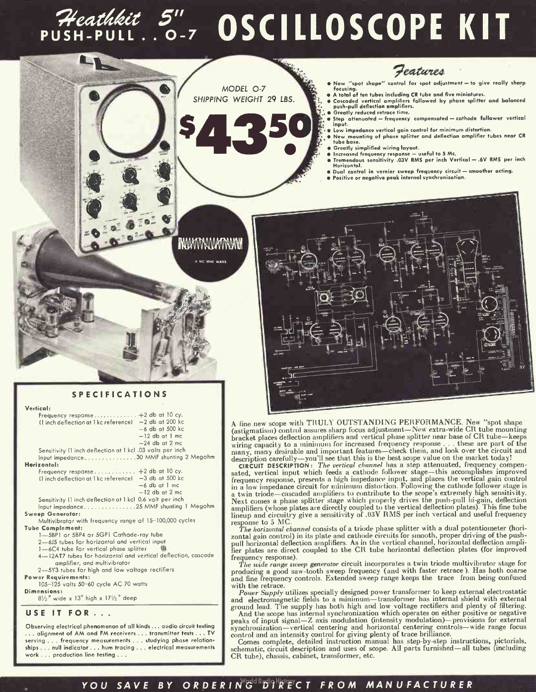 Figure 5 — The O-7 "5-inch push-pull" oscilloscope in the 1952 catalogue at $43.50, the first price rise the scope had taken in four years. The page shows the new ten-tube circuit, a 4 Mc sine wave on the scr…