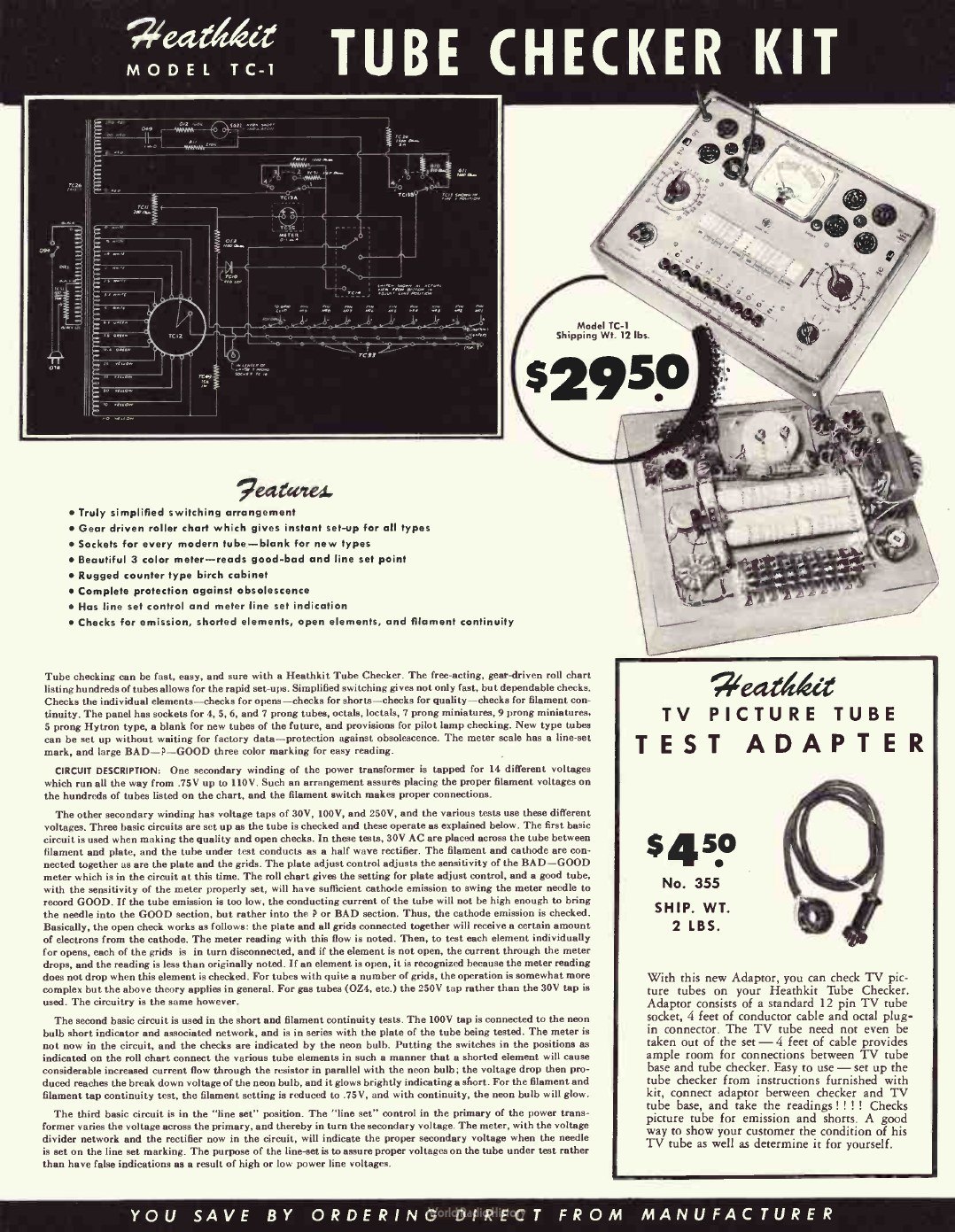 Figure 7 — The TC-1 tube checker in the 1952 catalogue at $29.50, with its schematic, its roll chart and the No. 355 adapter that let the checker test television picture tubes. The copy explains the three tes…