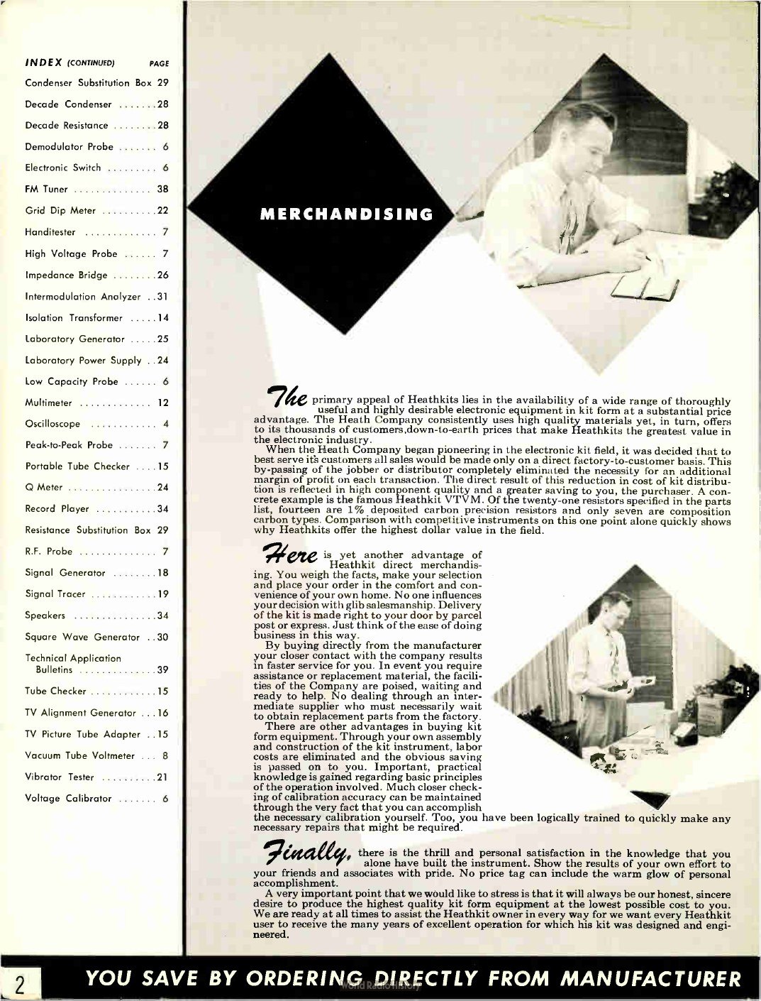 Figure 3 — "Merchandising," page 2 of the 1954 catalogue. The copy argues that direct factory-to-customer sale is why Heathkits cost less, and uses the VTVM's precision divider resistors as proof of quality. …