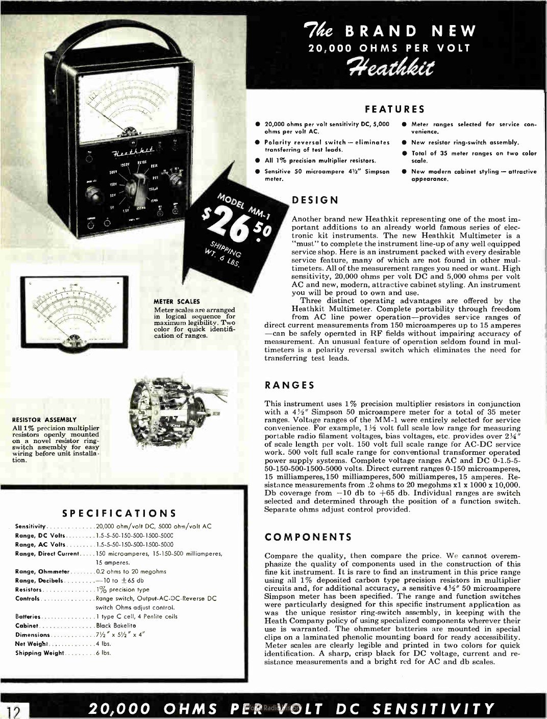 Figure 10 — "The brand new 20,000 ohms per volt Heathkit": the MM-1 multimeter at $26.50 in 1954, in a black Bakelite case with a 4½-inch Simpson 50 µA meter, 1 per cent multiplier resistors mounted on a ring-…