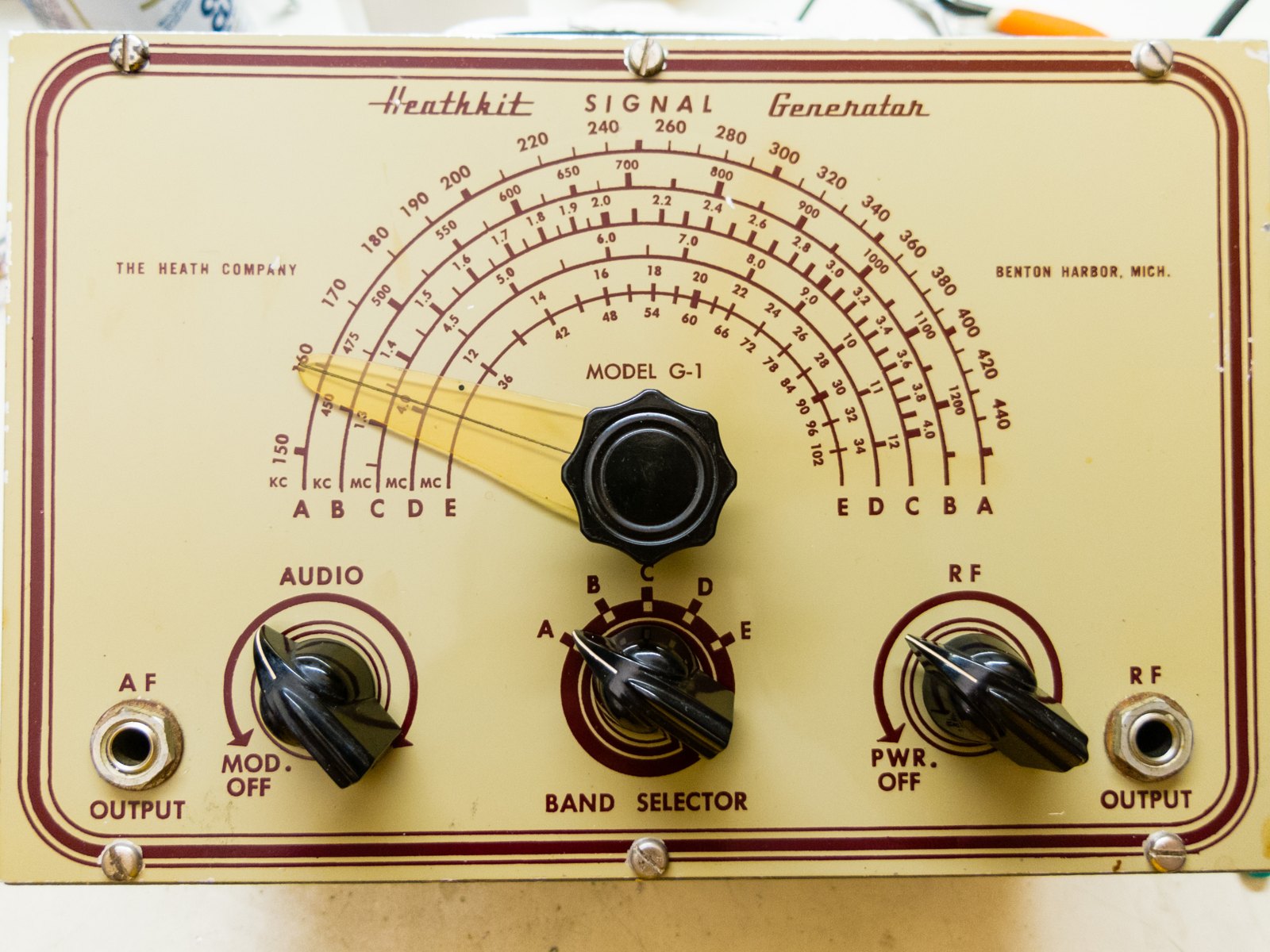Figure 4 — A Heathkit G-1 RF signal generator, Heath's third kit (January 1948, $19.50), in its cream and maroon "pre-classic" livery. The coils, wound by Joe Miller's Milleradio of South Haven, were accurate…