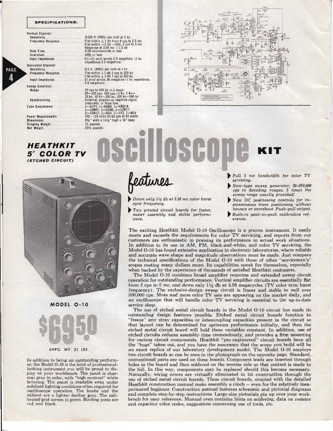 Figure 3 — The O-10 "5-inch color TV oscilloscope" in the 1956 catalogue at $69.50. The copy stresses the two etched circuit boards ("wiring errors are virtually eliminated") and a response only 1½ dB down at…