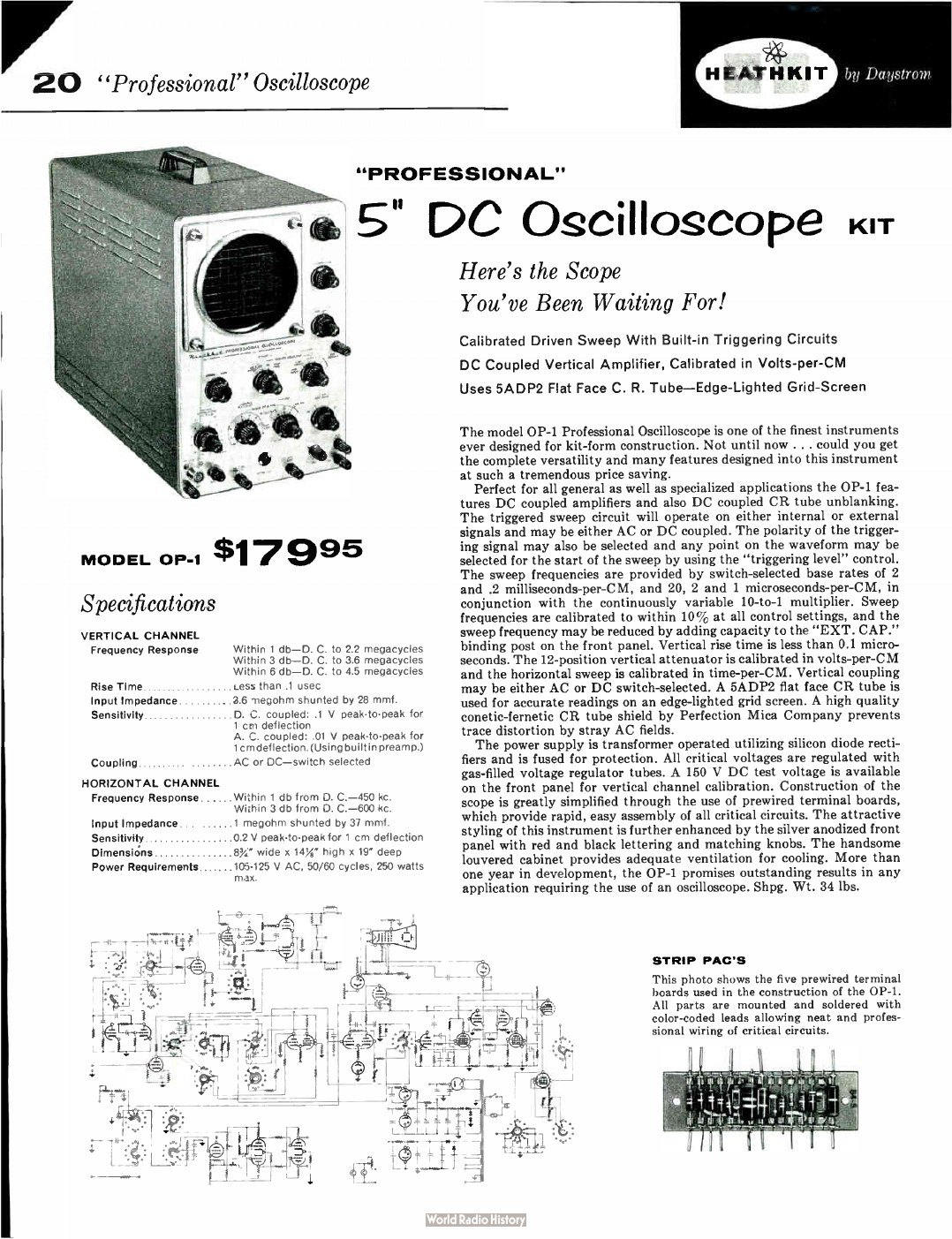 Figure 6 — The OP-1 "Professional" 5-inch DC oscilloscope at $179.95 in the 1959 catalogue: triggered sweep, DC-coupled amplifiers calibrated in volts per centimetre and a flat-faced 5ADP2 tube. The inset sho…