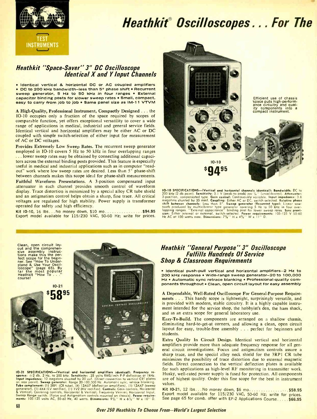 Figure 11 — The 1967 catalogue's "Heathkit Oscilloscopes" page: the IO-10 "Space-Saver" 3-inch DC scope at $94.95 and the IO-21 "General Purpose" 3-inch scope at $58.95, with a combination offer on the EF-2 os…