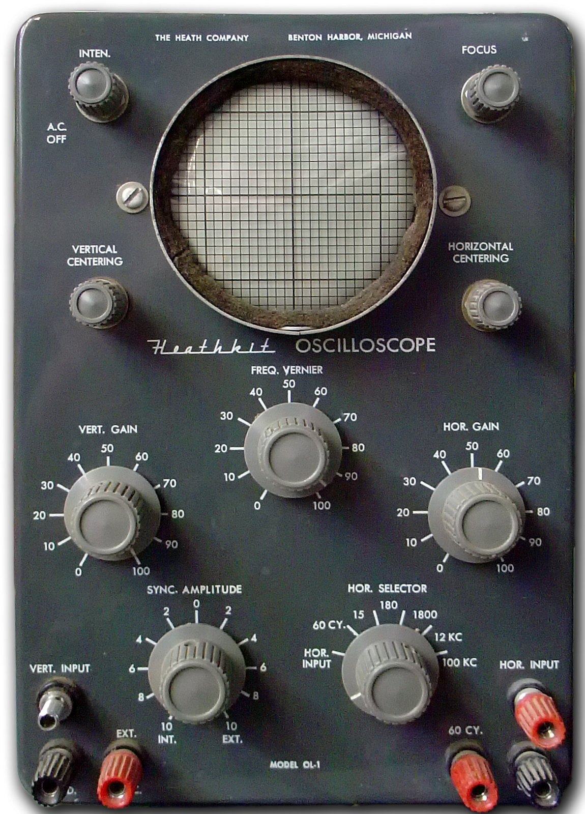 Figure 4 — A surviving OL-1, Heath's first 3-inch oscilloscope (August 1954 to August 1956, $29.50), in the dark "Classic I" livery that replaced the cream and maroon panels. Its small cabinet was 9½ inches h…