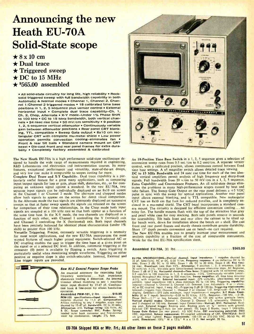 Figure 3 — "Announcing the new Heath EU-70A Solid-State scope": 8 × 10 cm, dual trace, triggered sweep, DC to 15 MHz, $565.00 assembled. It came from the Malmstadt-Enke laboratory line and preceded Heath's so…