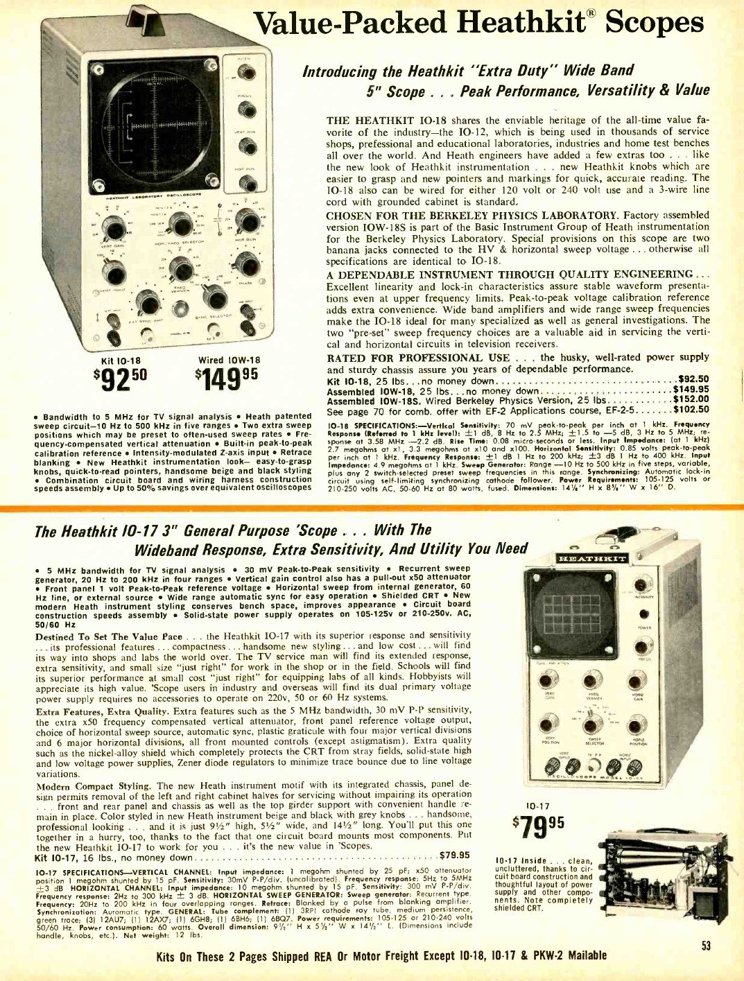 Figure 2 — "Value-Packed Heathkit Scopes" in the 1971 catalogue: the IO-18 "Extra Duty" 5-inch scope at $92.50 as a kit or $149.95 wired, with the Berkeley Physics Laboratory version IOW-18S, and the IO-17 3-…