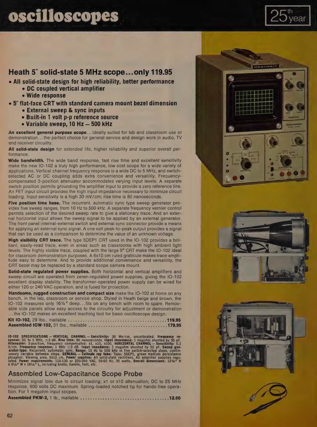 Figure 4 — The IO-102 "Heath 5-inch solid-state 5 MHz scope … only 119.95" in the 1972 catalogue, with an FET input, zener-regulated supplies and a flat-faced 5DEP1 tube; the assembled IOW-102 was $179.95. He…