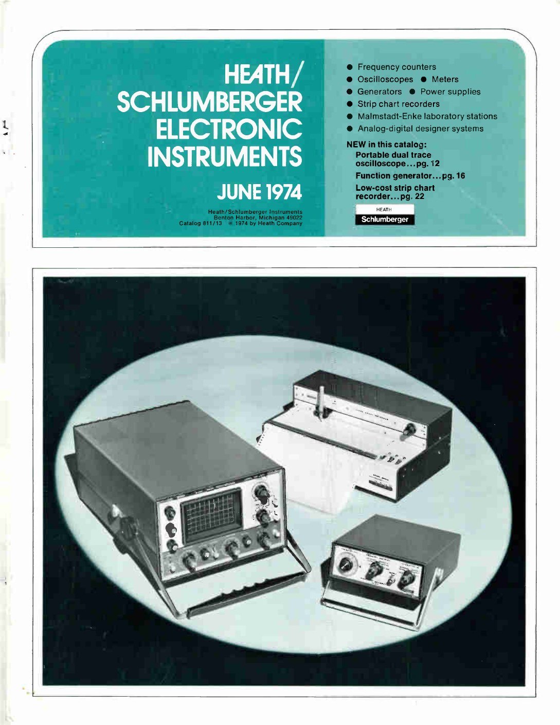 Figure 8 — The June 1974 Heath/Schlumberger Electronic Instruments catalogue (811/13): counters, oscilloscopes, generators, meters, power supplies, strip-chart recorders and Malmstadt-Enke laboratory stations…