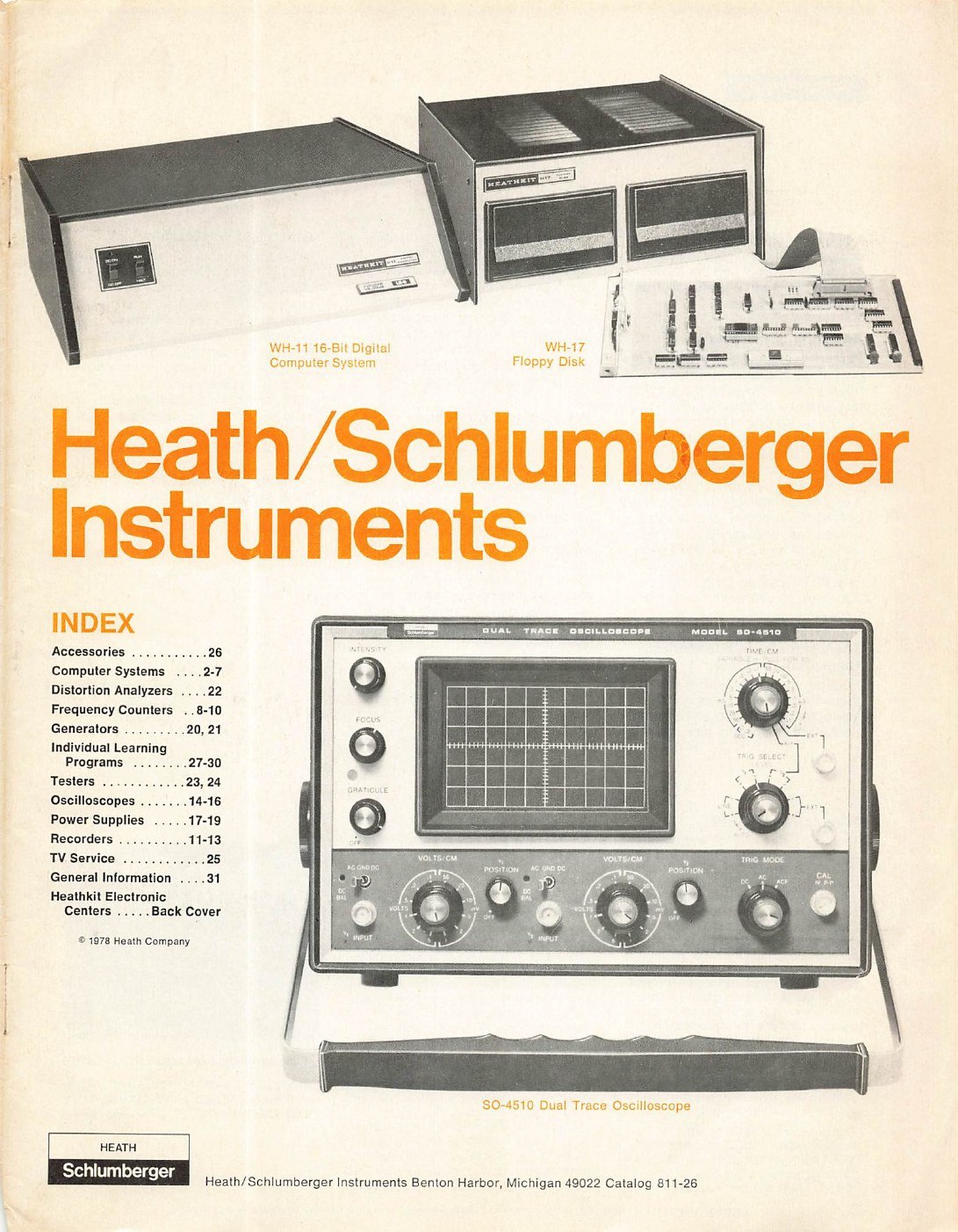 Figure 10 — The 1978 Heath/Schlumberger Instruments catalogue (811-26): the WH-11 16-bit computer system and WH-17 floppy disk at the top, the SO-4510 dual-trace oscilloscope below. The index lists computer sy…