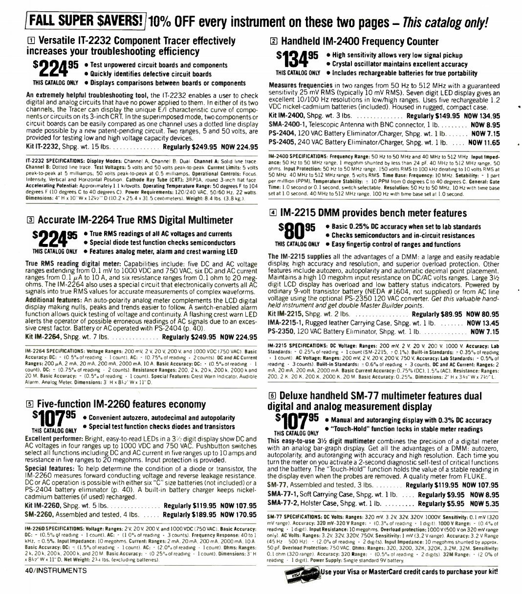Figure 6 — "Fall Super Savers! 10% off every instrument on these two pages — this catalog only": the IT-2232 component tracer, IM-2400 handheld counter, IM-2264 true-RMS multimeter, IM-2215 and IM-2260 DMMs, …