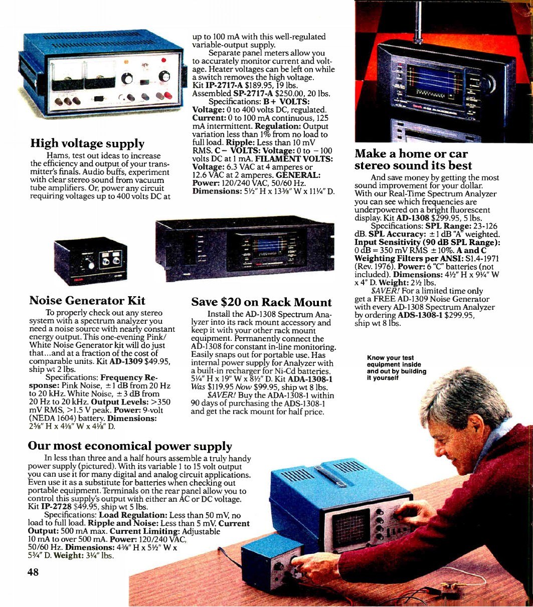 Figure 12 — The high-voltage supply in its final form: the IP-2717-A at $189.95 as a kit and the SP-2717-A at $250.00 assembled, in the Fall 1987 catalogue, beside a photograph of a builder at the bench. It de…