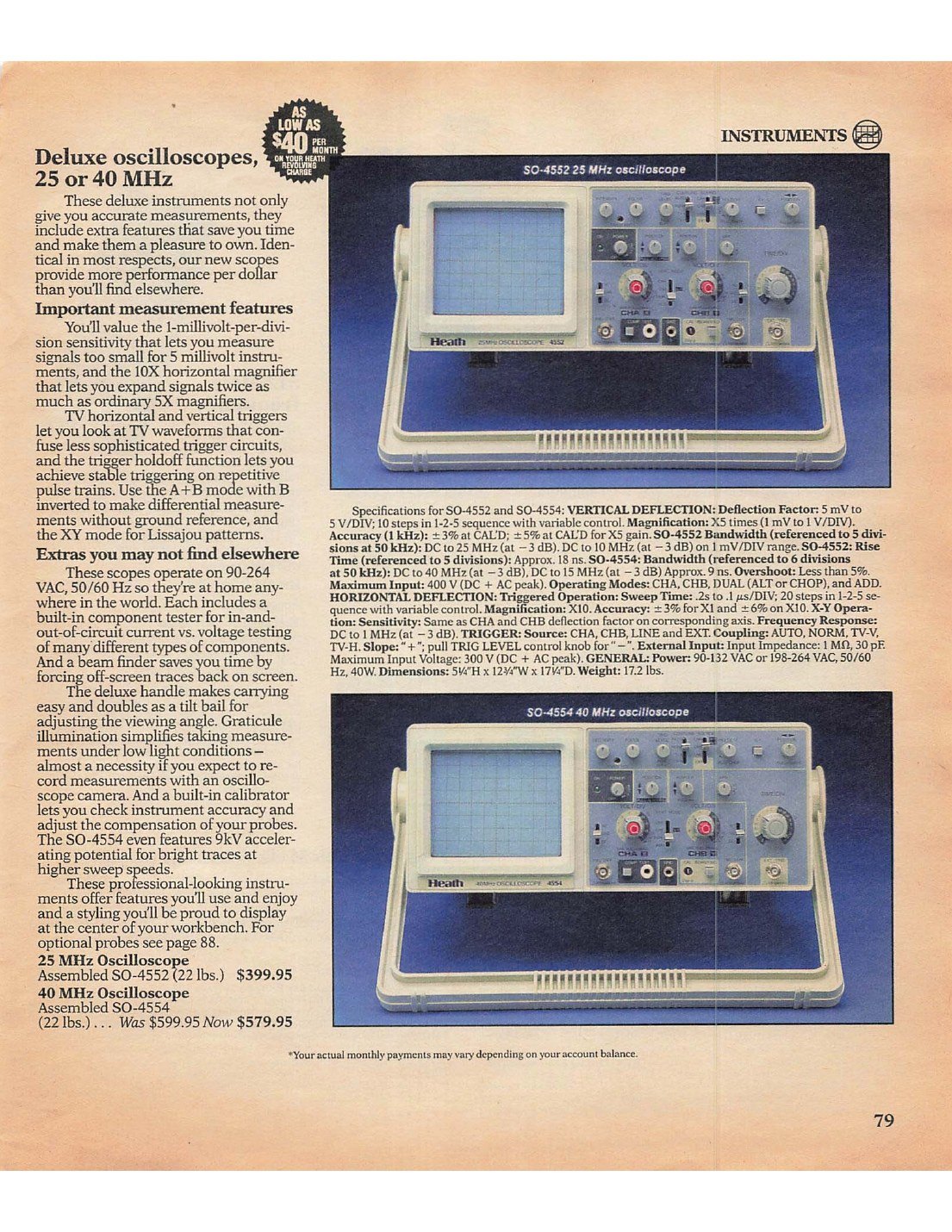 Figure 7 — "Deluxe oscilloscopes, 25 or 40 MHz": the SO-4552 at $399.95 and the SO-4554 at $599.95 (reduced to $579.95), both assembled only, in the Summer 1990 catalogue. No kit oscilloscope was offered.