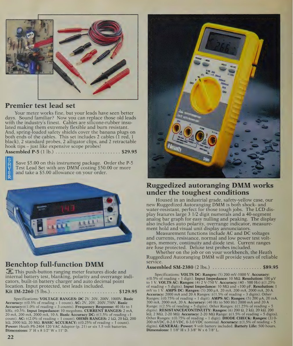 Figure 11 — Meters in the Winter 1991 catalogue: the IM-2260 benchtop DMM kit ($129.95), one of the last Heathkit instrument kits, beside the assembled SM-2380 "Ruggedized autoranging DMM" in a safety-yellow c…