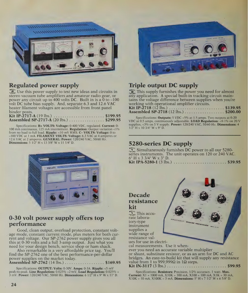Figure 10 — Power supplies in the last general catalogue, Winter 1991: the IP-2717-A regulated tube-circuit supply ($199.95 kit, $299.95 assembled), the IP-2718 triple-output DC supply ($139.95 kit, $200.00 as…