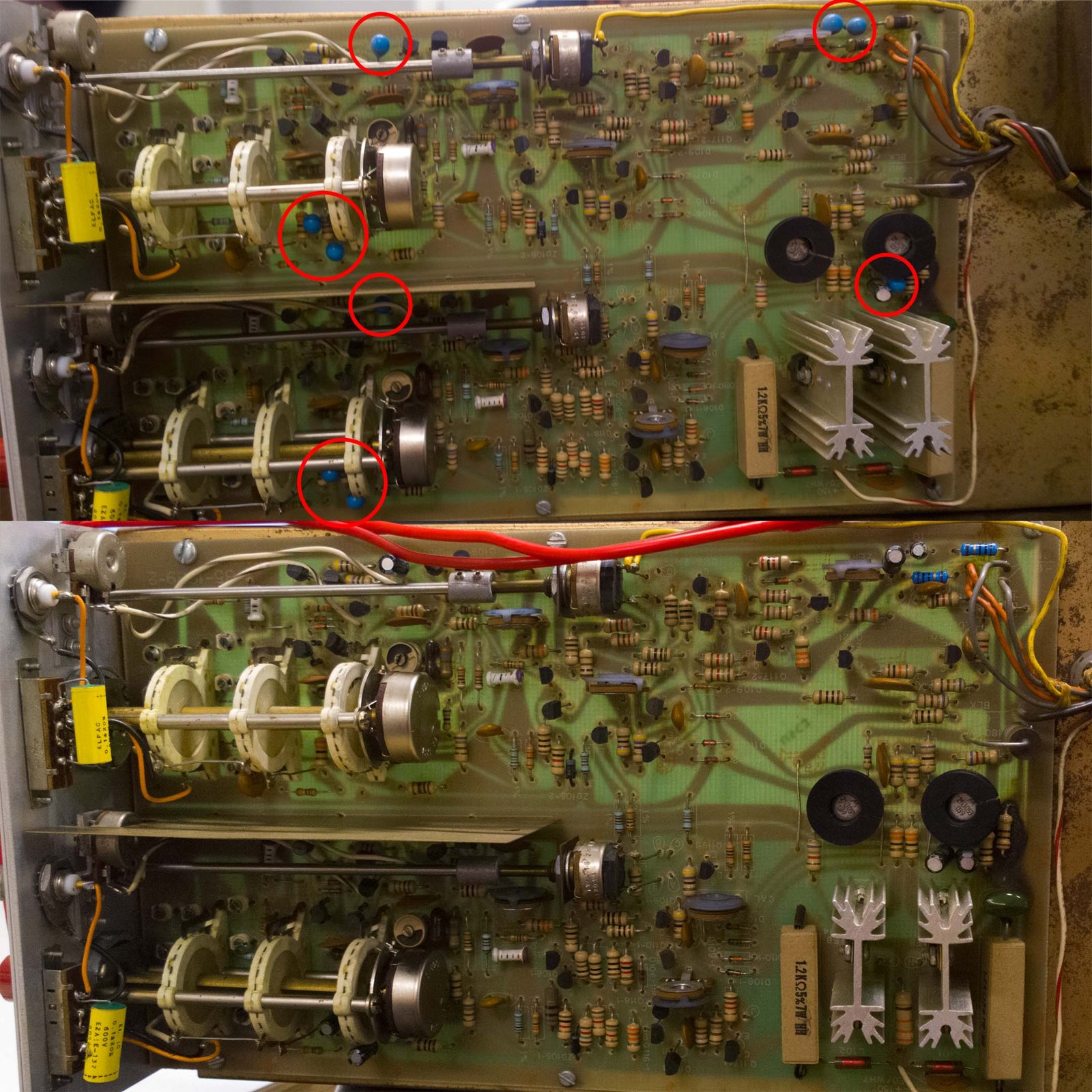 Figure 3 — An IO-4550 oscilloscope's boards before and after capacitor replacement, with the failed dipped tantalum capacitors circled in red. The solid-state instruments of the 1970s have their own character…