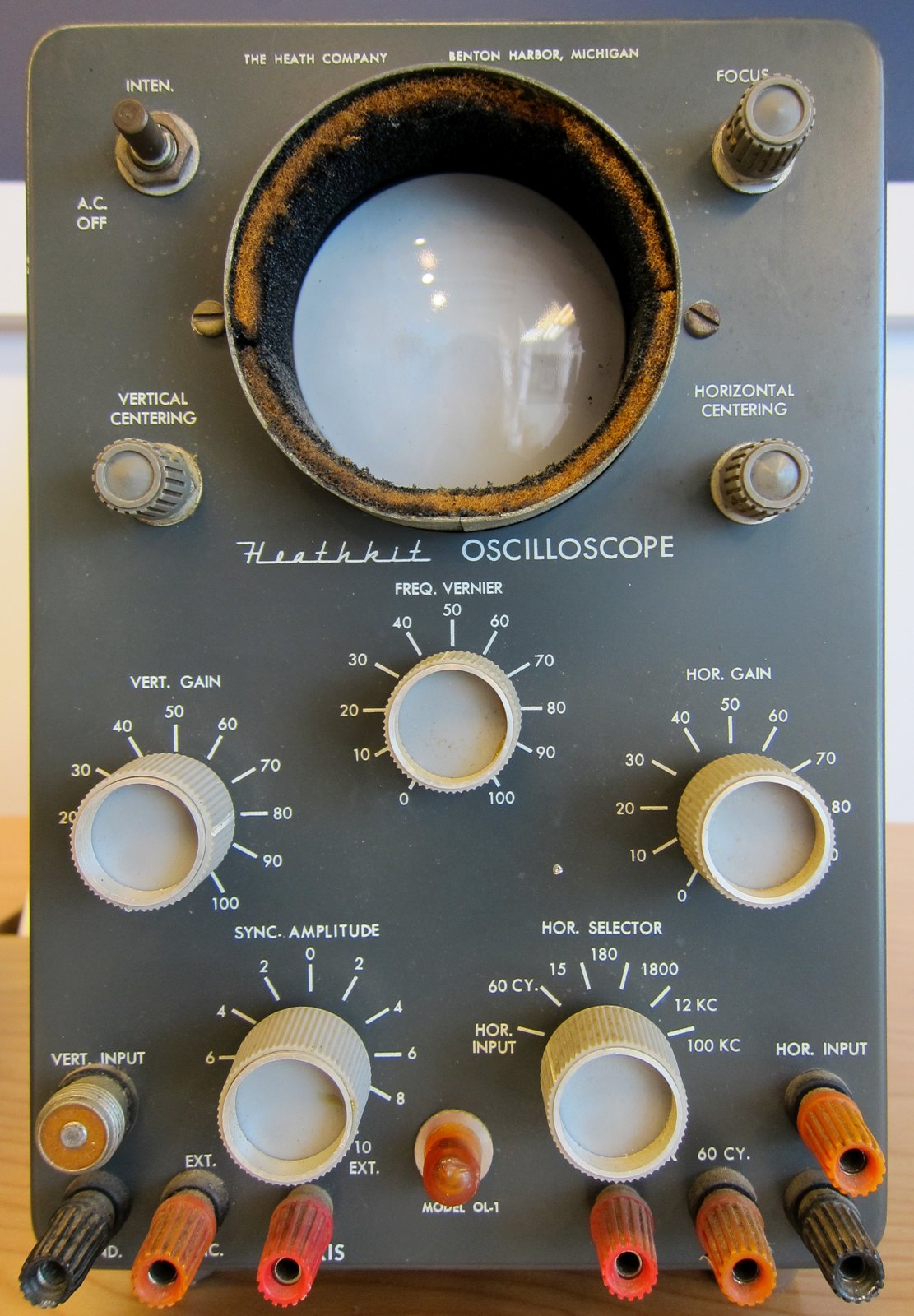 Figure 6 — Another OL-1, photographed straight on, with its original coloured binding posts and "Model OL-1" at the foot of the panel. The file is titled "OM-2" on Wikimedia Commons, but the panel legend iden…