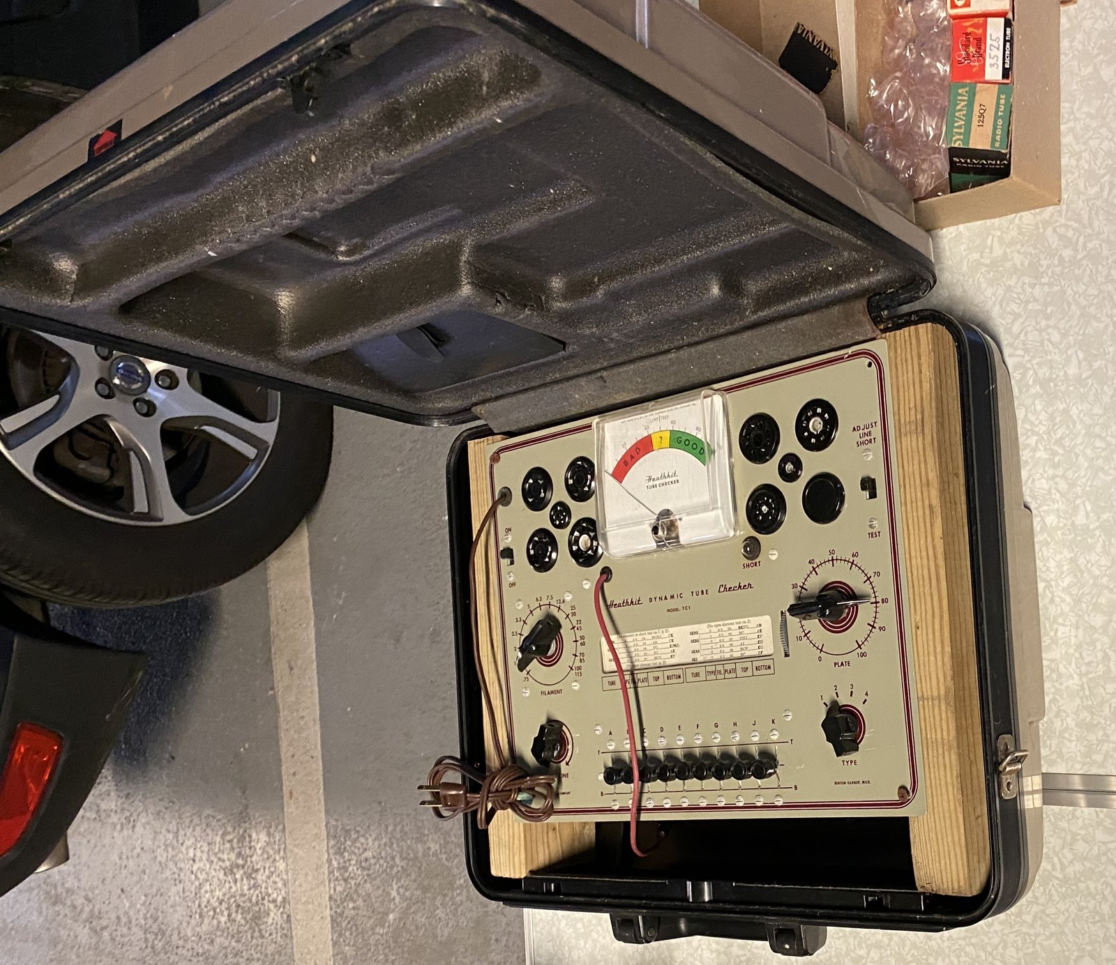 Figure 4 — A TC-1 tube checker in its carrying case at the MIT Flea Market, with its roll chart still in place. Tube checkers are only as useful as their tube data, and the charts are often missing or worn.