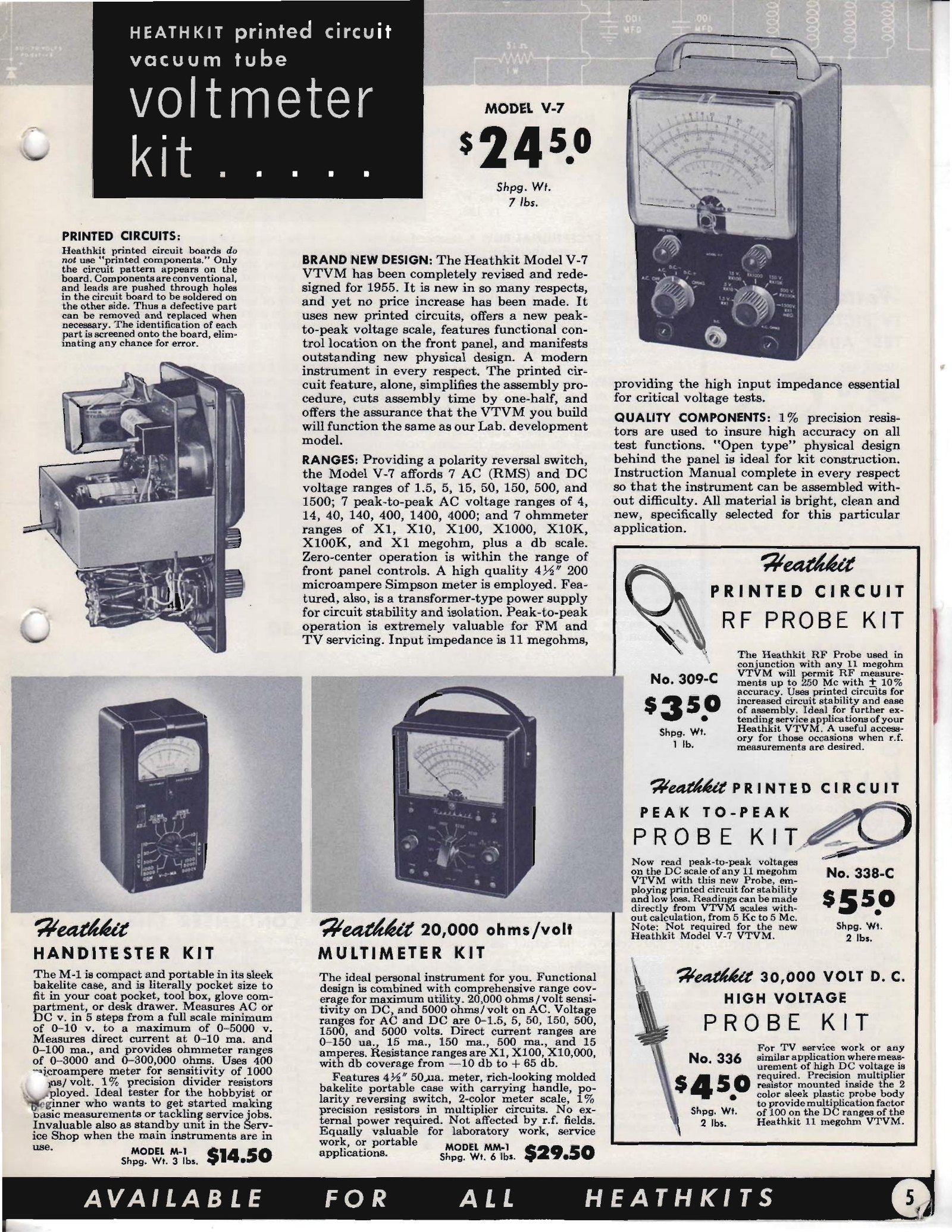 Figure 4 — The V-7 introduced in the Winter 1955 flyer at the unchanged price of $24.50, with a column of copy explaining printed circuits to builders who had never seen one: only the circuit pattern is print…
