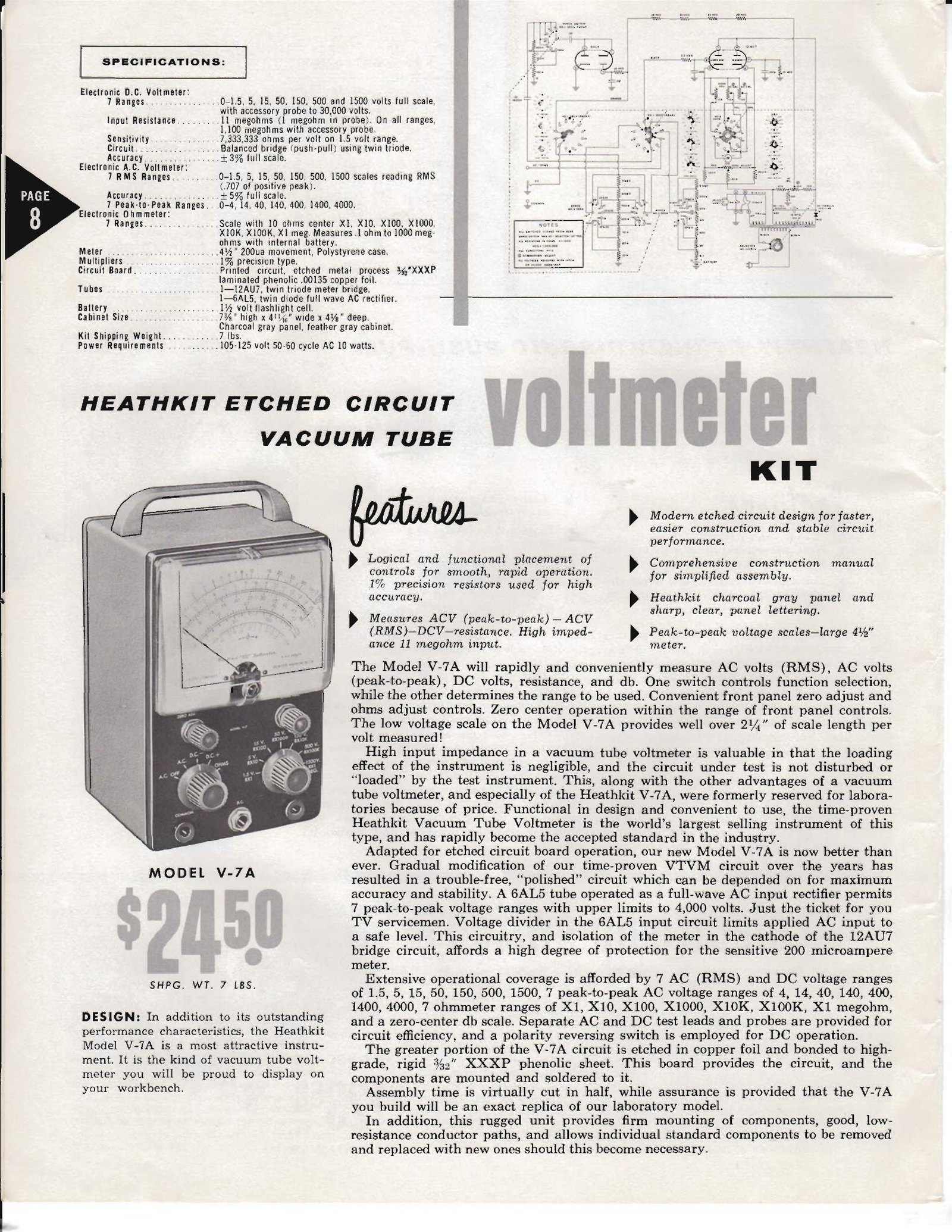 Figure 5 — The V-7A page from the 1956 catalogue. The specification block at upper left is the one that settles the board-thickness question: "printed circuit, etched metal process 3/32″ XXXP laminated phenol…