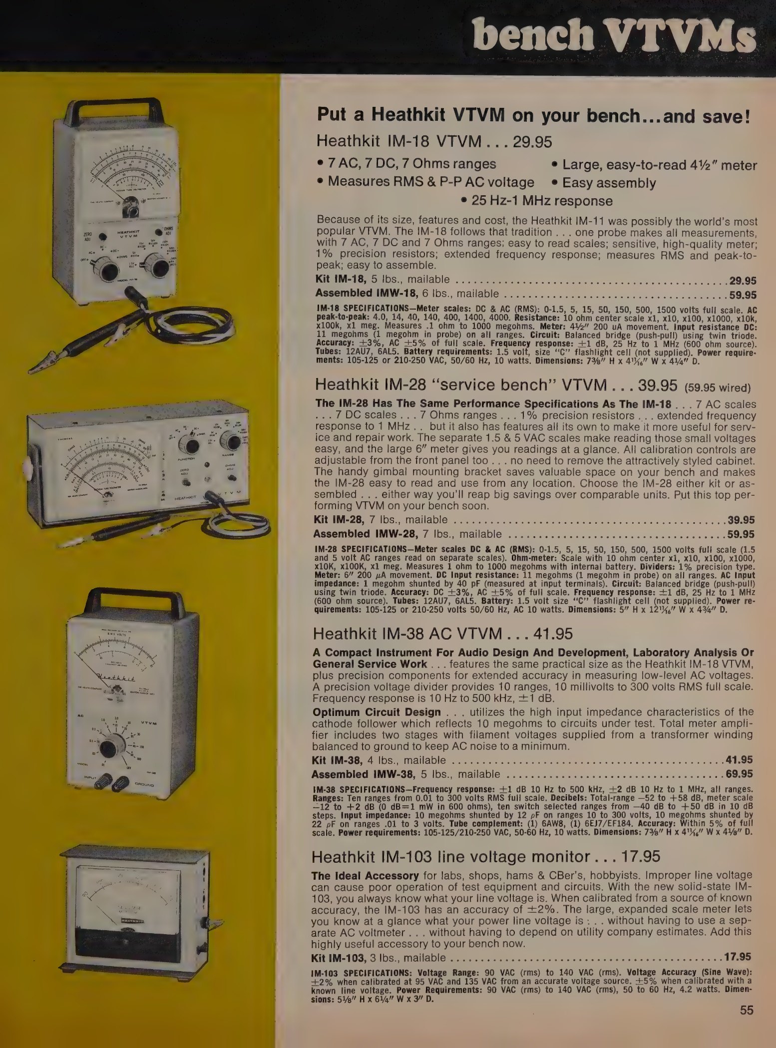 Figure 10 — The 1972 catalogue's VTVM page: IM-18 at $29.95, IM-28 at $39.95 kit or $59.95 wired, and the IM-38 AC VTVM at $41.95. The copy concedes the succession plainly — "because of its size, features and …