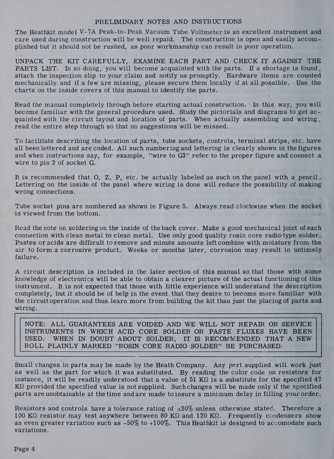 Figure 3 — The V-7A manual's preliminary notes: read the manual through first, study the pictorials, label the panel terminals in pencil, and do not rush — "poor workmanship can result in poor operation".