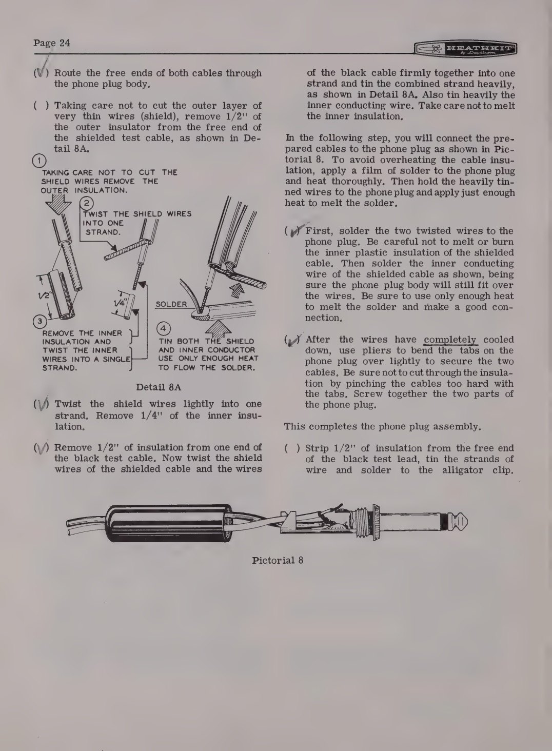 Figure 3 — Making up the test probe, from the IM-11 manual. The shield is unbraided and twisted into a ground lead, the 1 MΩ resistor goes inside the probe body, and the assembly is checked before the instrum…