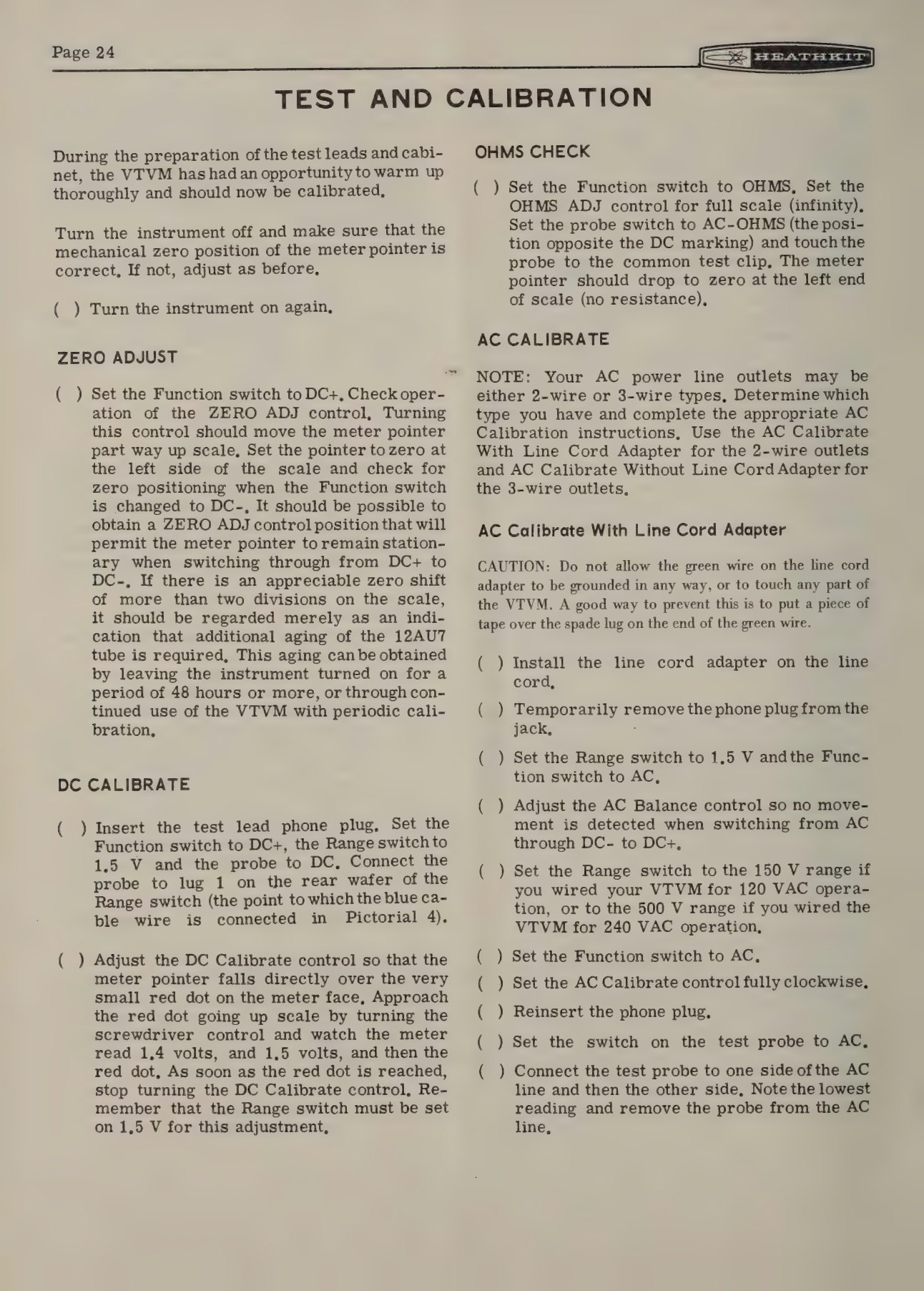 Figure 9 — The IM-18's calibration page, with the two variants of the AC procedure — with and without a line-cord adapter — and the caution about three-wire outlets that the earlier manuals did not need.