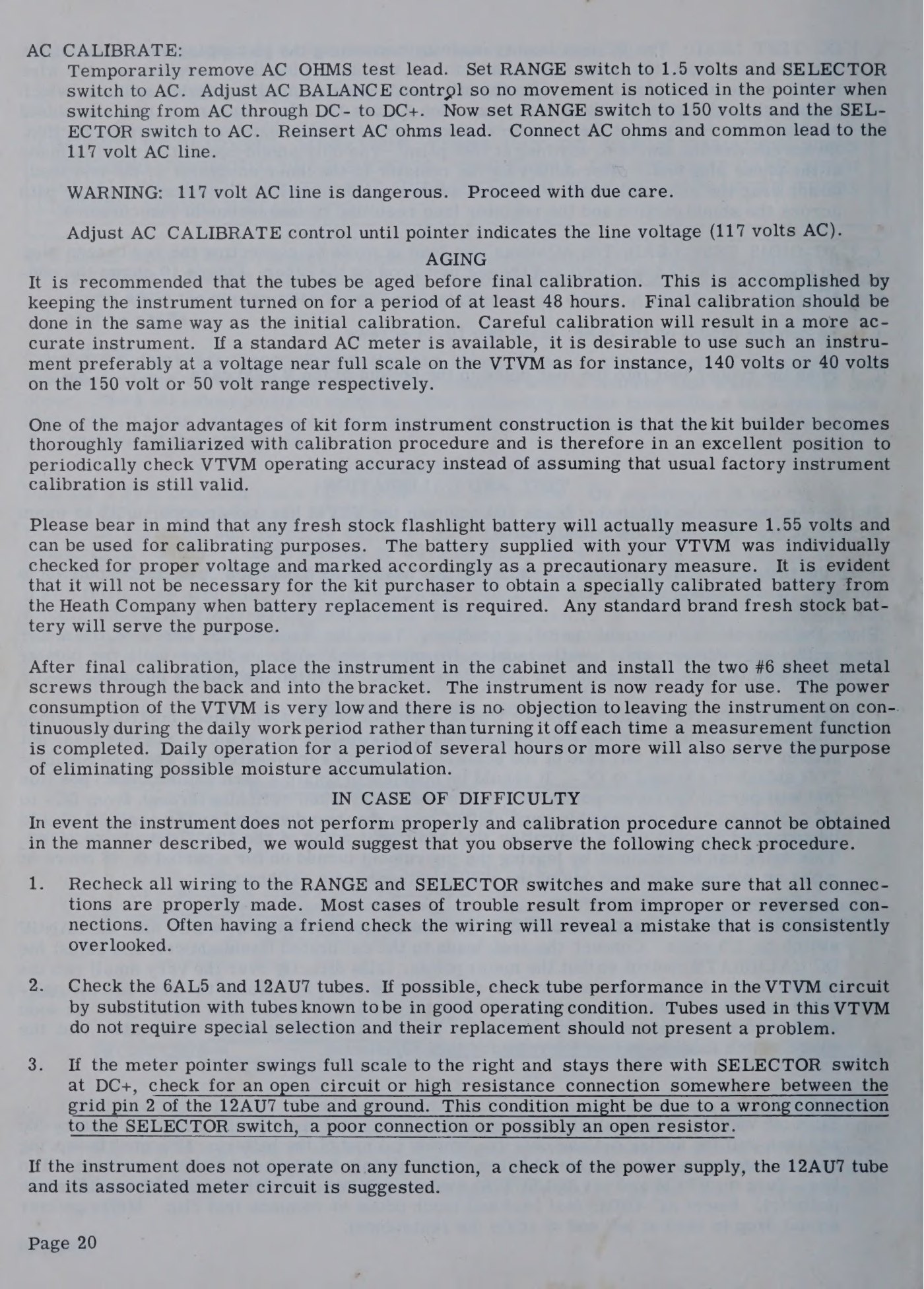Figure 2 — The V-7A's version, with the AC-calibrate warning set in capitals — "117 volt AC line is dangerous. Proceed with due care." — and the aging instruction below it.