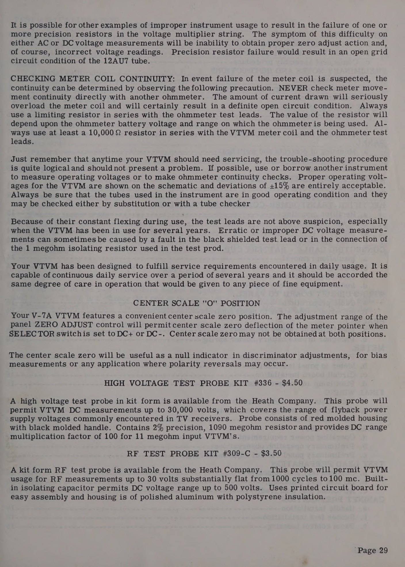 Figure 6 — The V-7A manual's page on centre-scale zero and the accessory probes, including the 336's 1090-megohm 2 per cent resistor and the note that the RF probe reads accurately to 250 MHz.