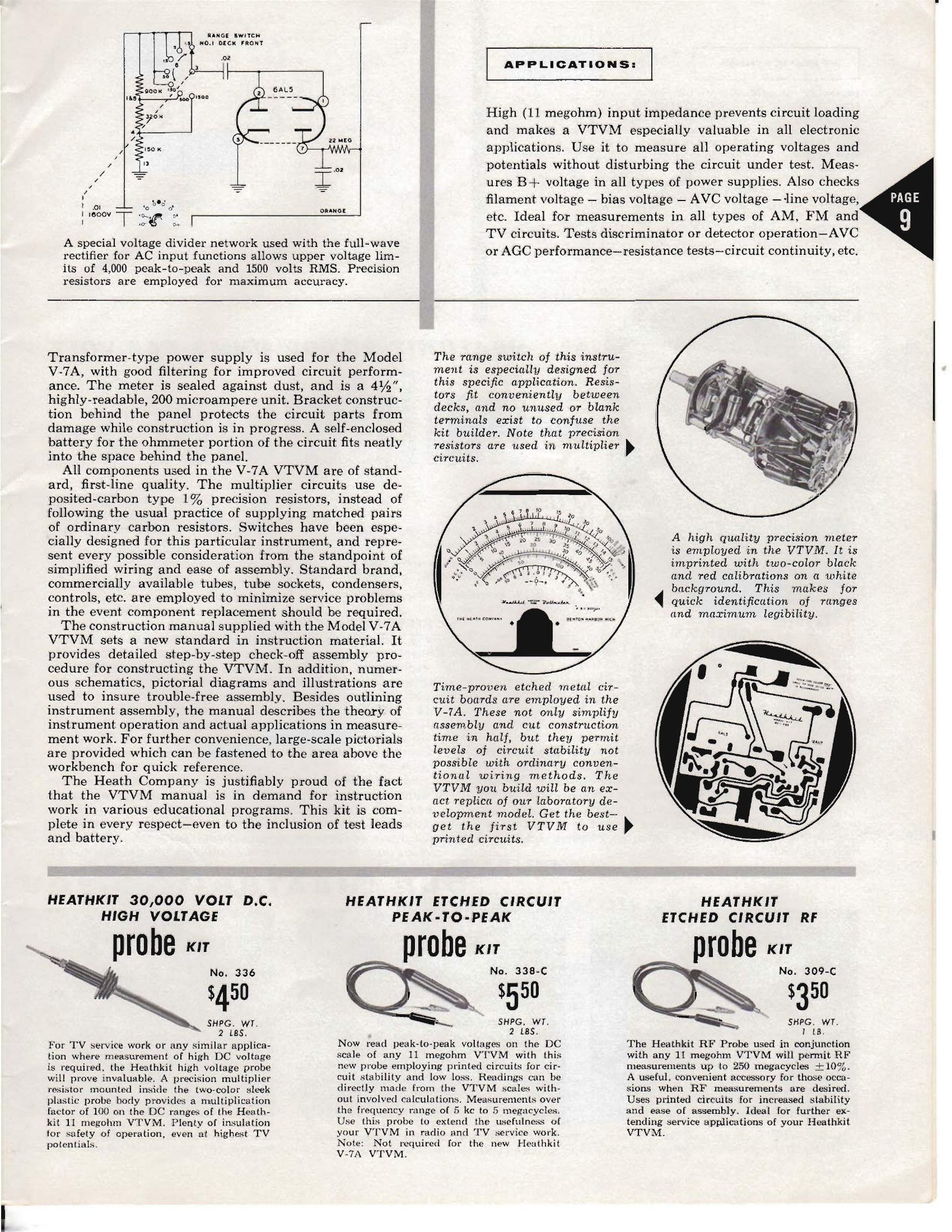 Figure 2 — The applications page facing the V-7A entry in the 1956 catalogue: what Heath expected the instrument to be used for, from AVC and AGC voltages to peak-to-peak measurements in television circuits.